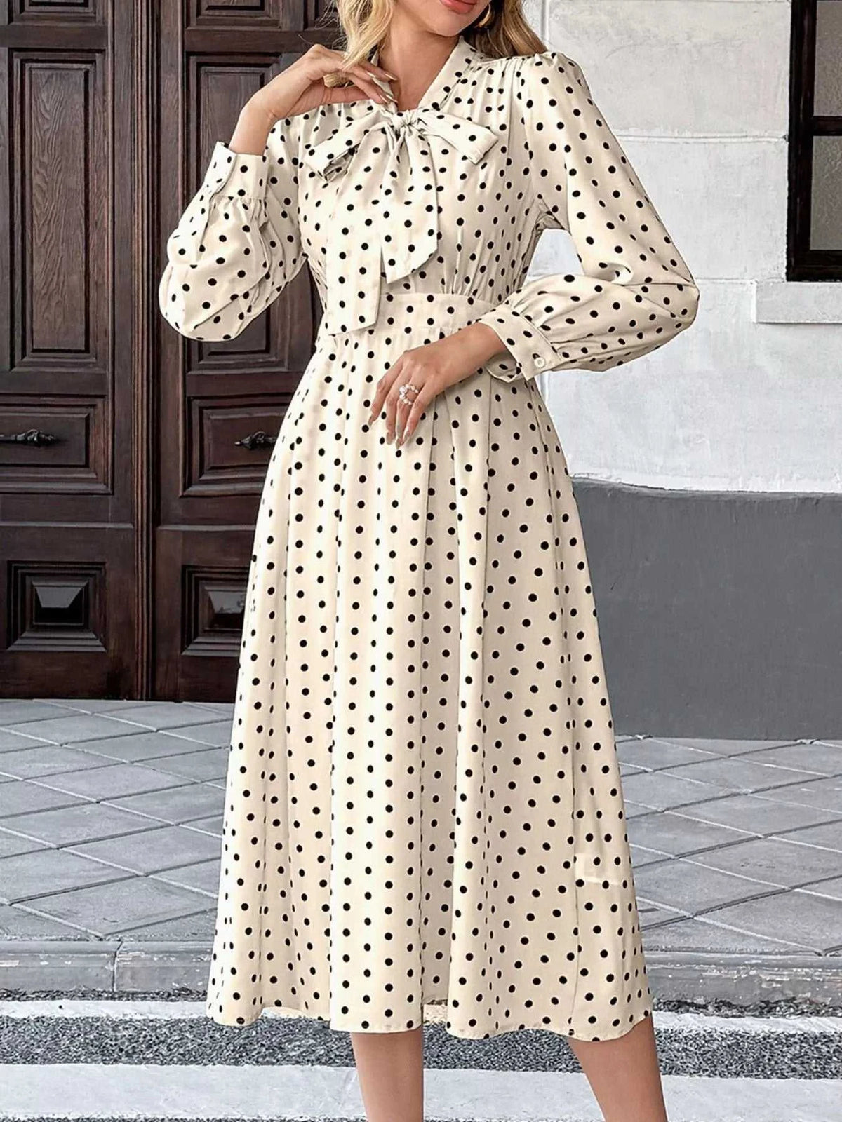 Polka Dot Tie Front Long Sleeve Midi Dress 100100412285779 42 Gifts for Her Jerry's Apparel 