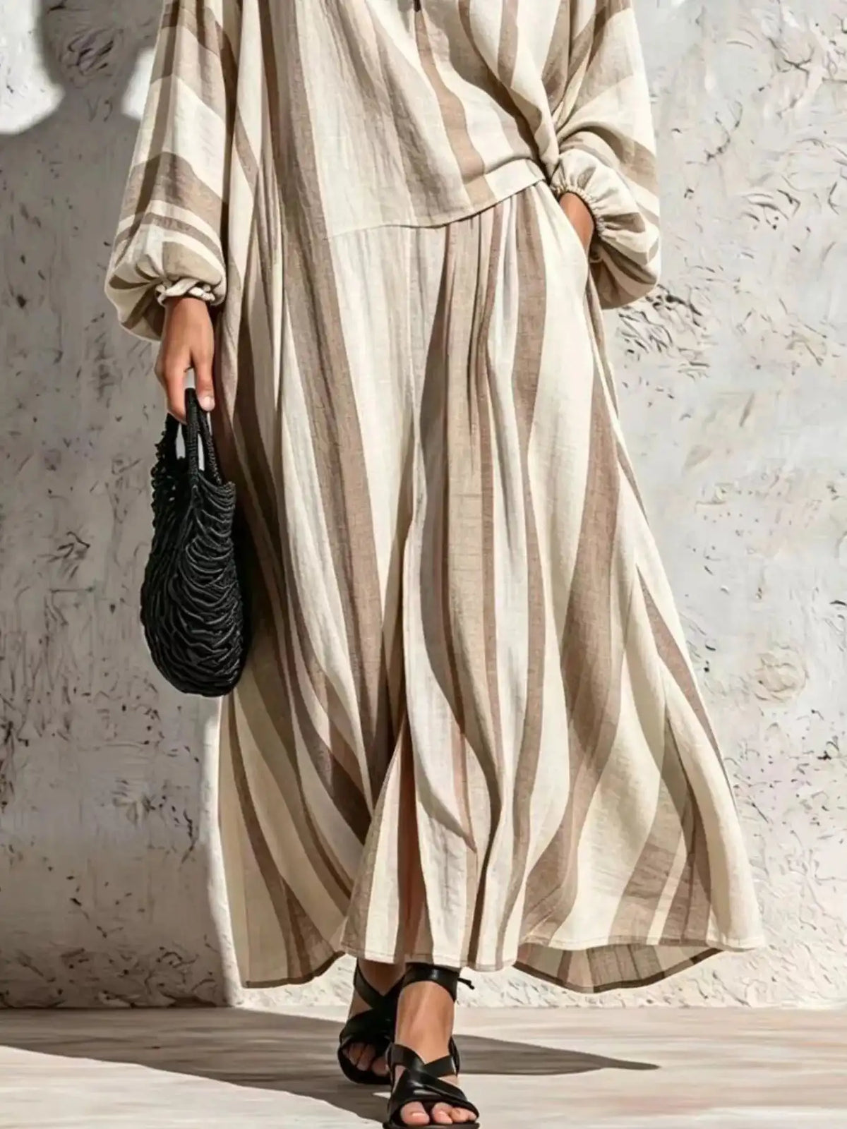Bohemian Striped V-Neck Loose Top and Wide Leg Pants Set 101001499000333 56 Affordable Fashion Under $100 Jerry's Apparel 