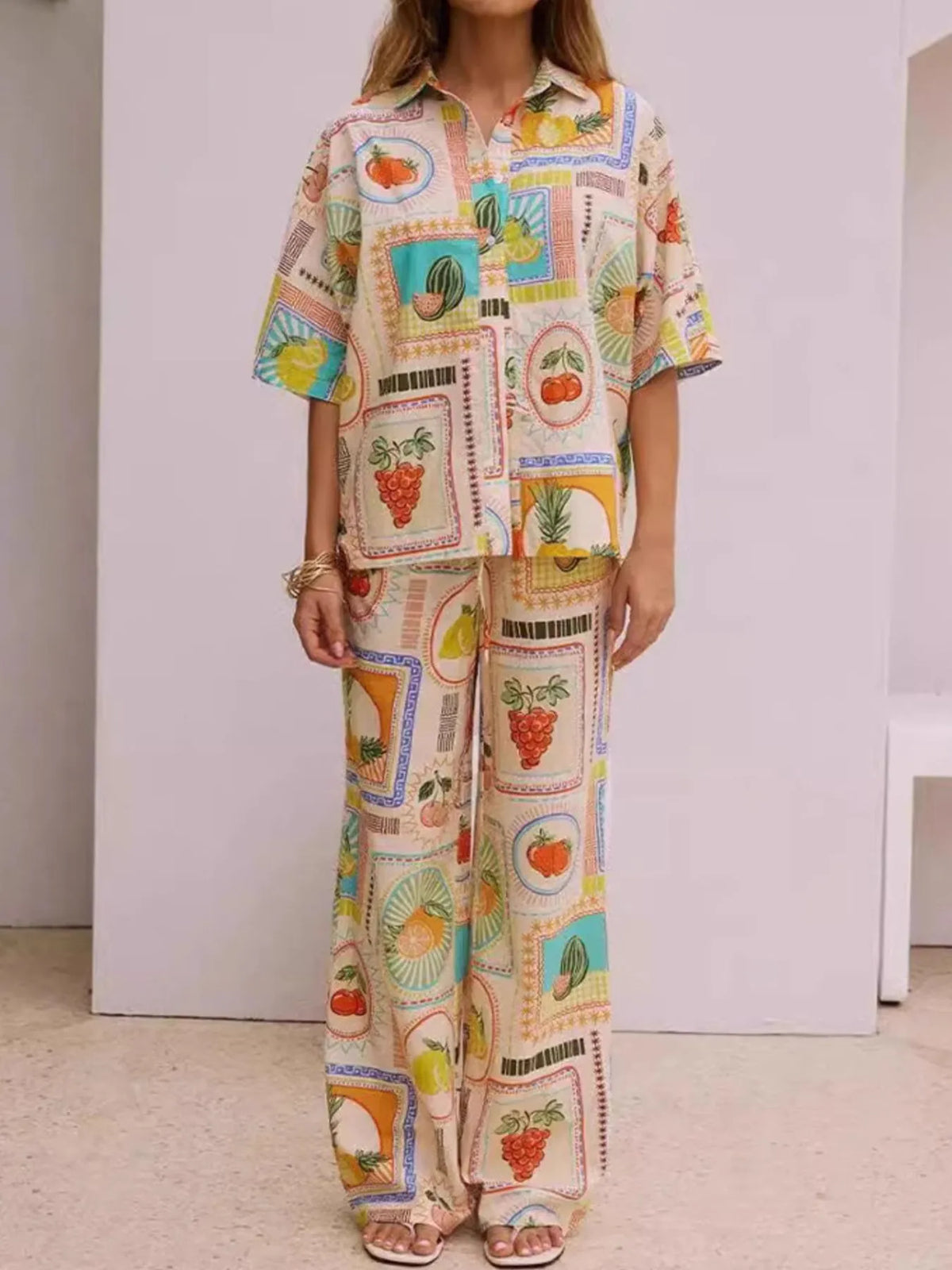 Printed Button Up Shirt and Pants Set