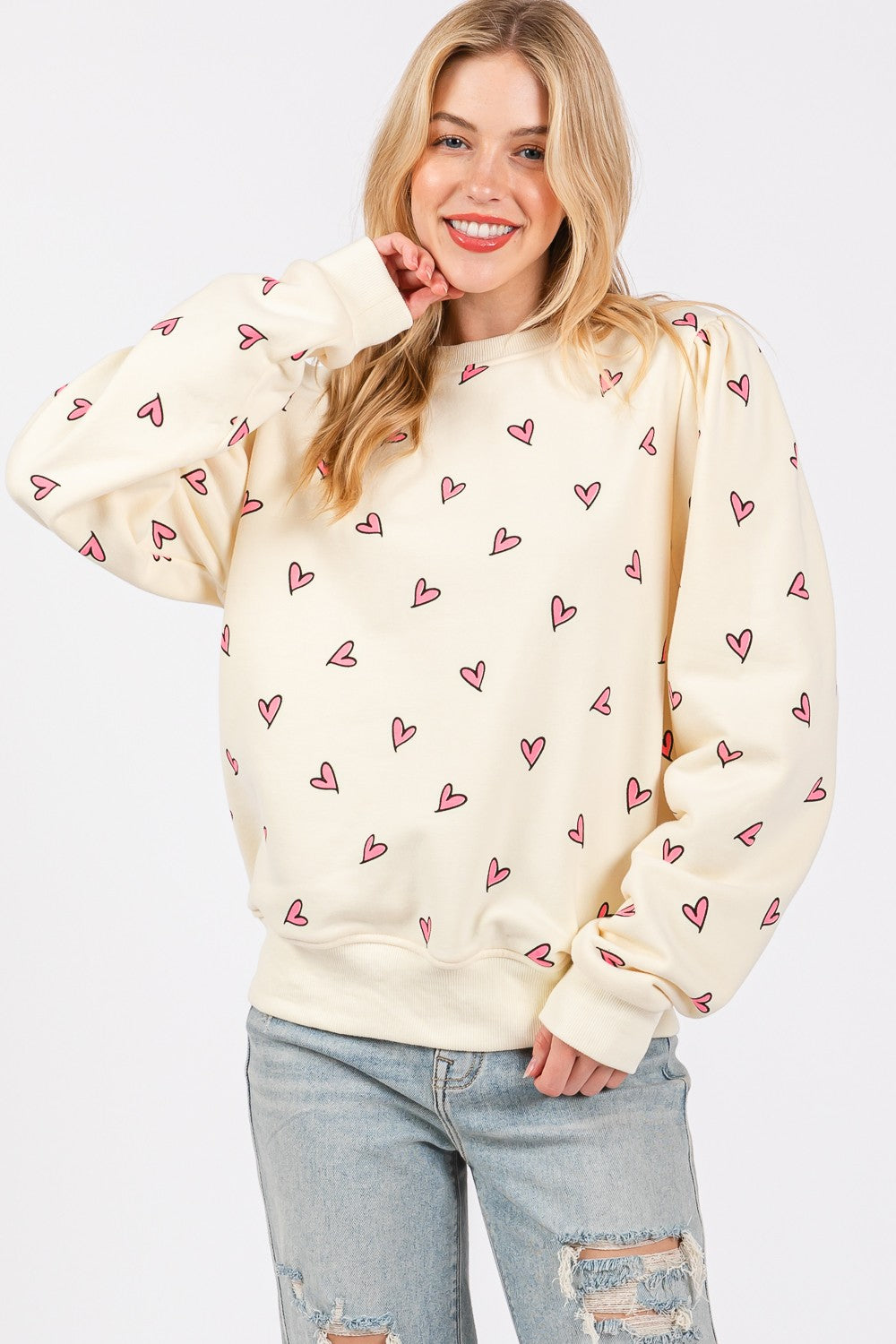 SAGE + FIG Heart Printed Contrast Long Sleeve Sweatshirt