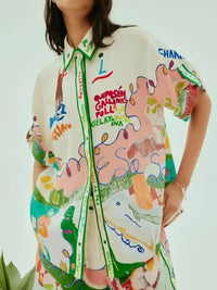 Printed Button Up Shirt and Shorts Set