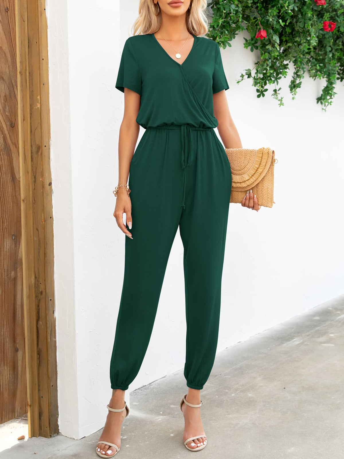 Short Sleeve V-Neck Jumpsuit with Pockets