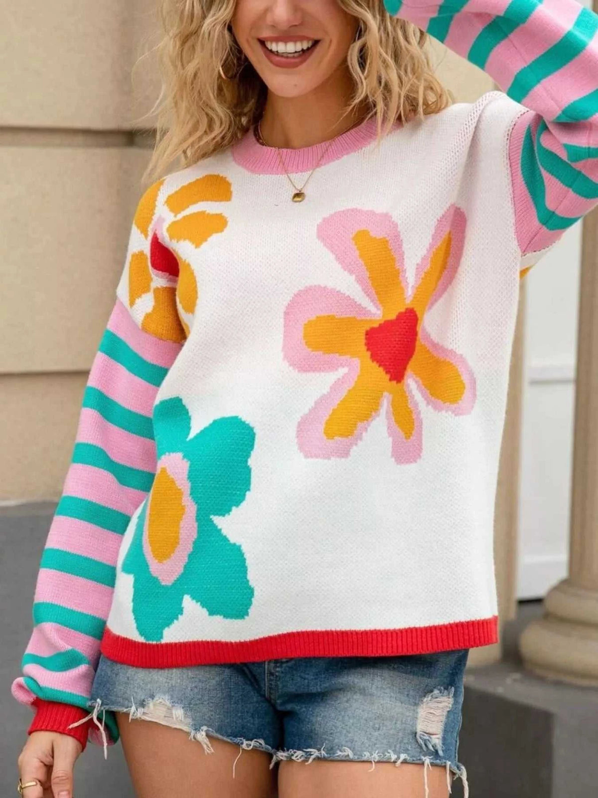 Floral Striped Crew Neck Sweater 100100282505269 51 Affordable Fashion Under $100 Jerry's Apparel 