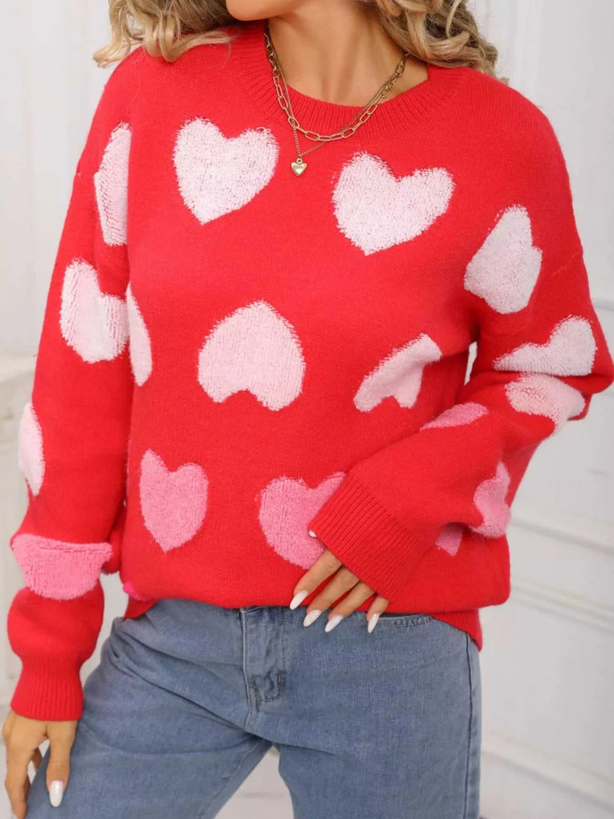 Valentine's Day Heart Pattern Fuzzy Knit Sweater 100100216252554 50 Gifts for Her Jerry's Apparel 