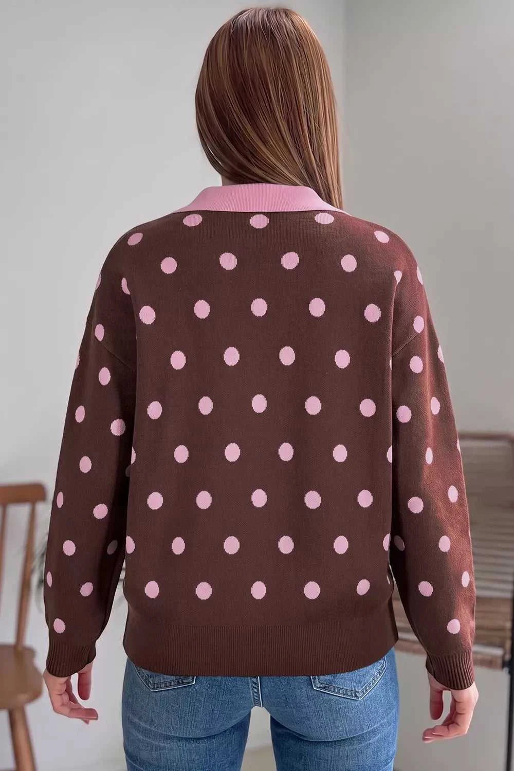 Polka Dot Pattern Color Block Collared Loose Pullover Sweater 101002251484557 51 Affordable Fashion Under $100 Jerry's Apparel 
