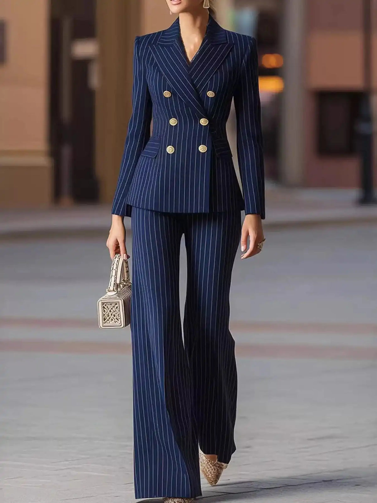 Double-Breasted Pinstripe Blazer and Wide-Leg Pants Set 101001905010997 103 Gifts for Her Jerry's Apparel 