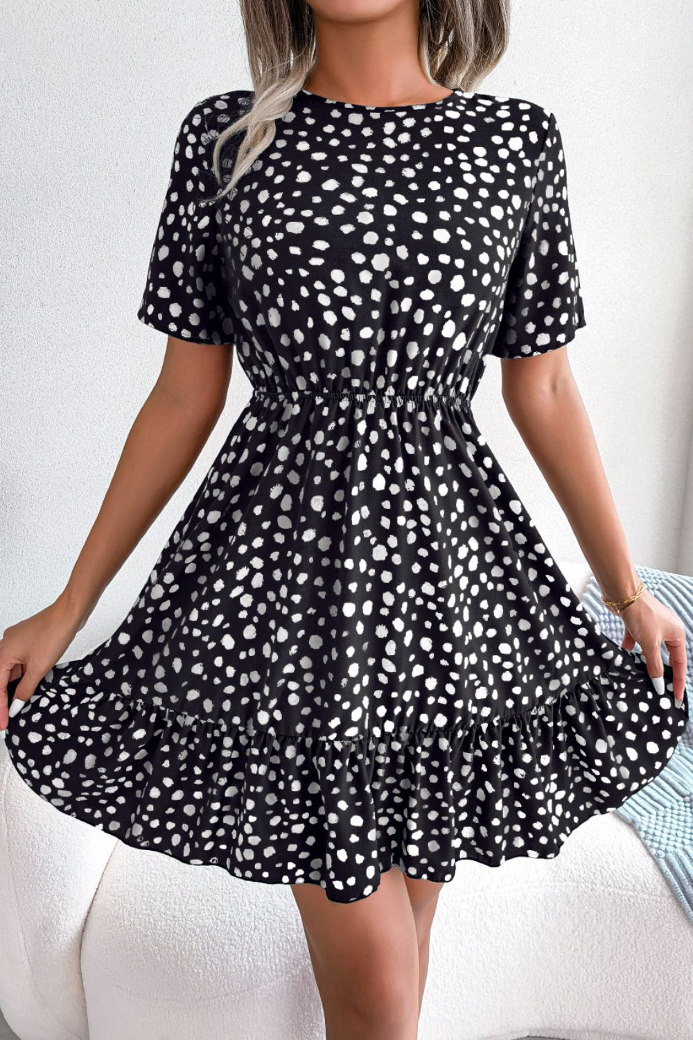 Printed Round Neck Short Sleeve Ruffled Dress