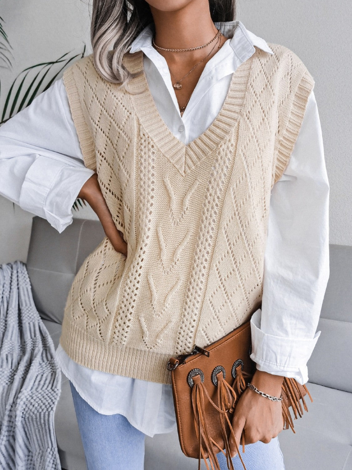 Openwork V-Neck Sweater Vest