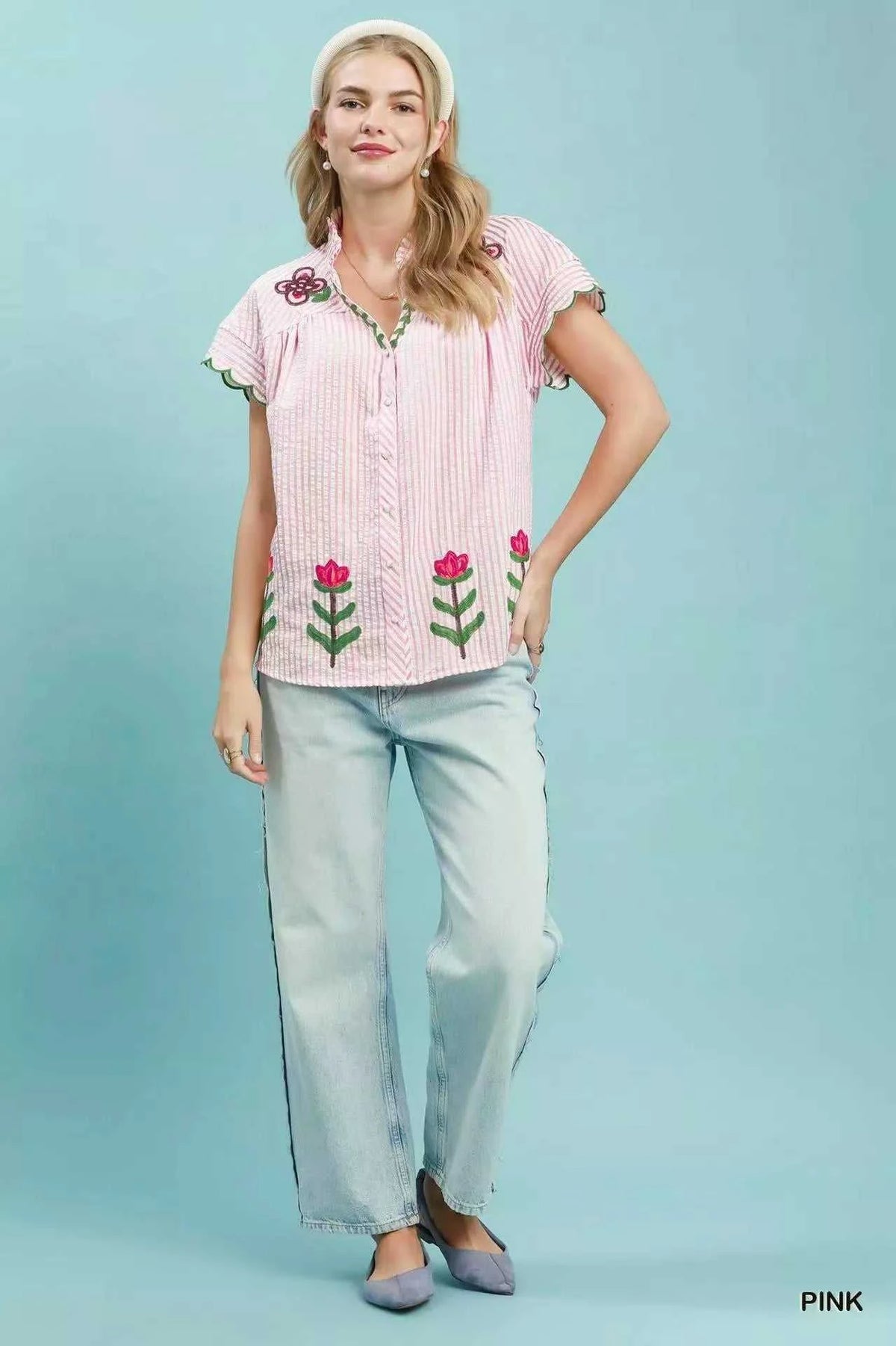 Umgee Embroidered Stripe Button Front Top 100100136141077 57 Affordable Fashion Under $100 Jerry's Apparel 