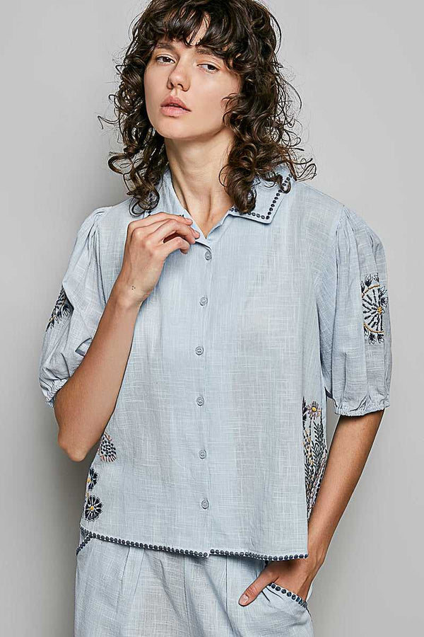POL Button Down Embroidered Floral Short Sleeve Shirt 100100835201675 50 Affordable Fashion Under $100 Jerry's Apparel 
