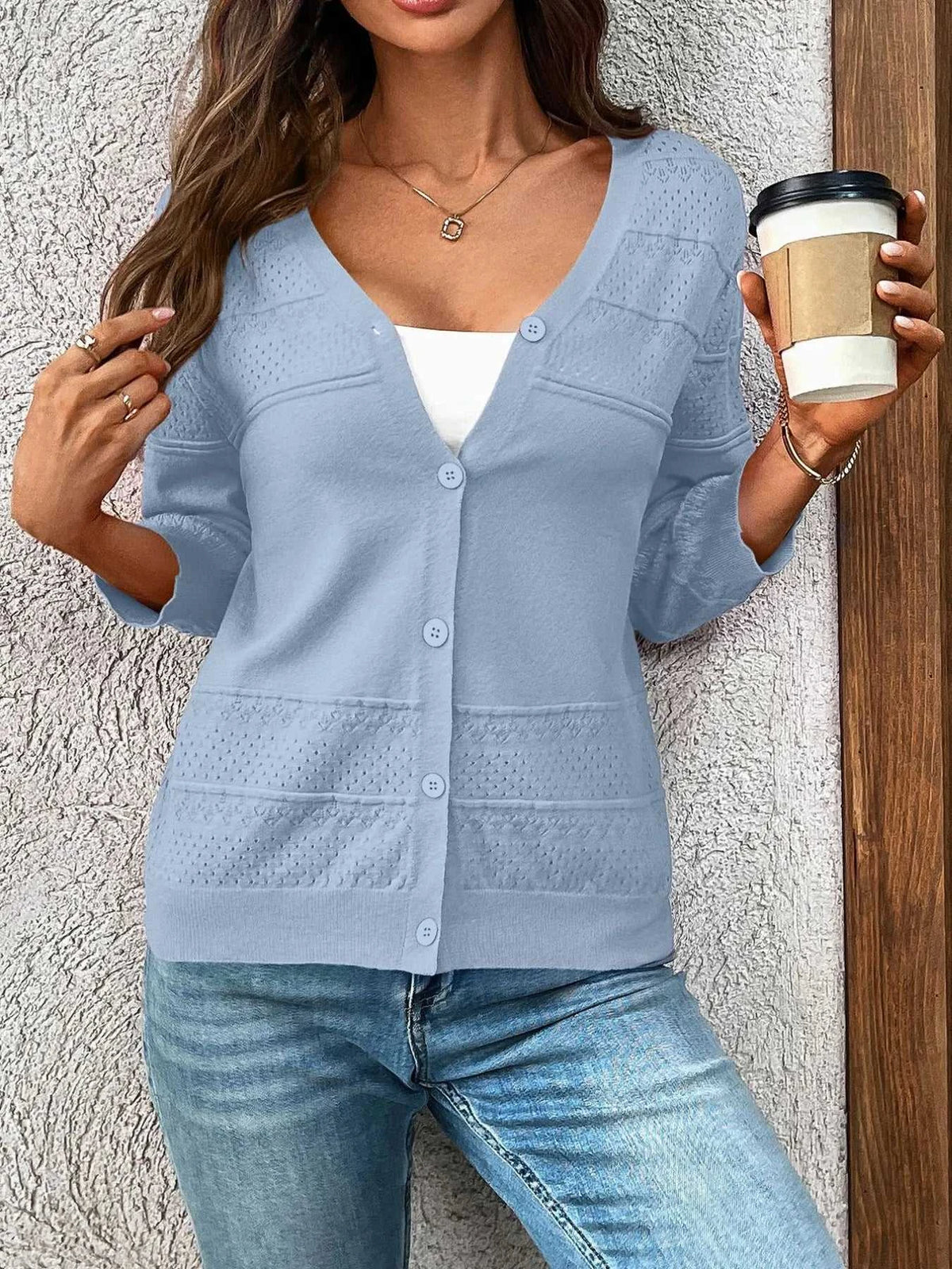 Textured Button-Front Cardigan with 3/4 Sleeves 100100719661755 37 Affordable Fashion Under $100 Jerry's Apparel 