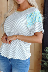 Stripe Floral Insert Sleeves Contrast Round Neck Tee