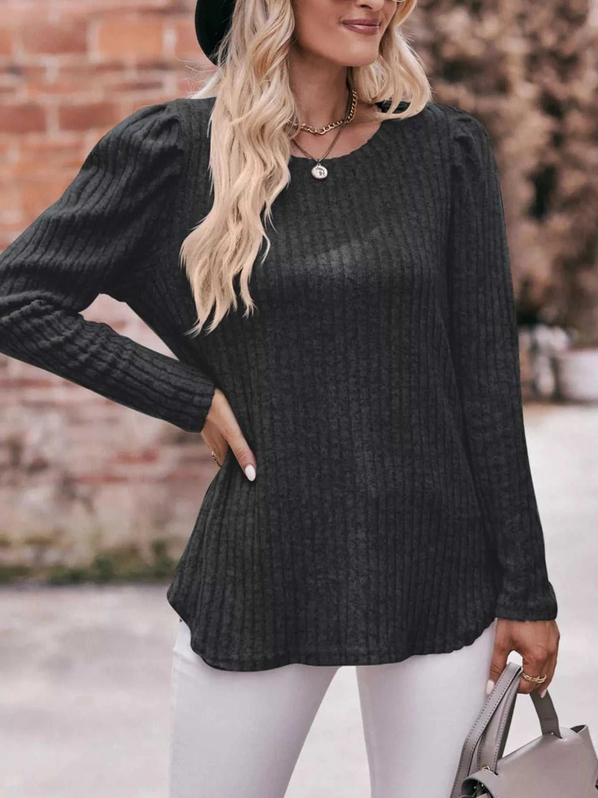 Ribbed Knit Puff Sleeve T-Shirt 100100962471478 28 Affordable Fashion Under $100 Jerry's Apparel 