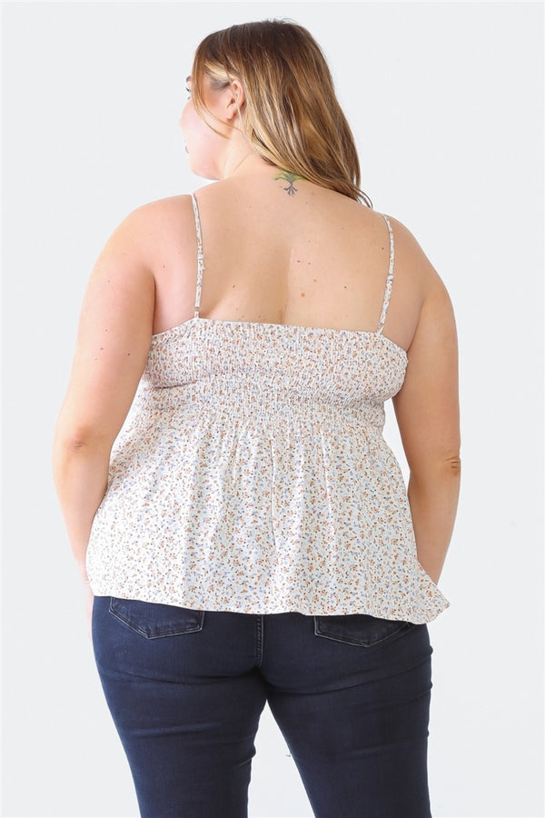 Plus Size Frill Smocked Floral Sweetheart Neck Cami