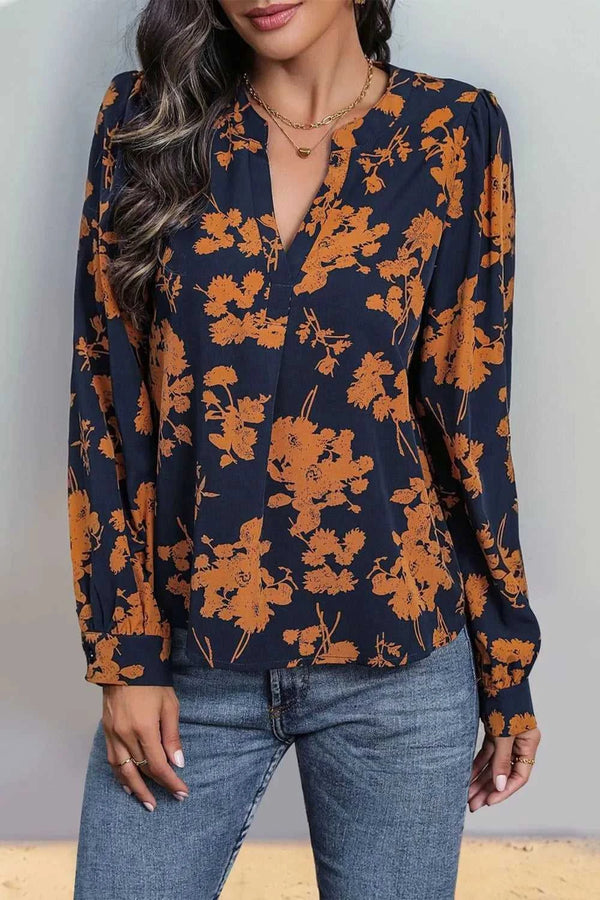 Perfee Printed Notched Long Sleeve Blouse 100100399161923 29 Affordable Fashion Under $100 Jerry's Apparel 