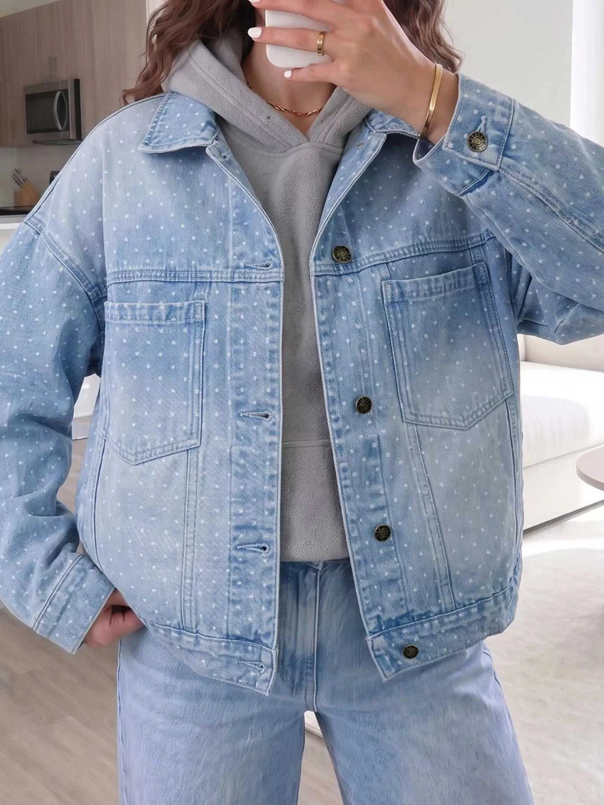 Polka Dot Long Sleeve Collar Pocket Casual Shift Silhouette Denim Jacket 101003100780054 103 Casual Everyday Outfits Women Jerry's Apparel 
