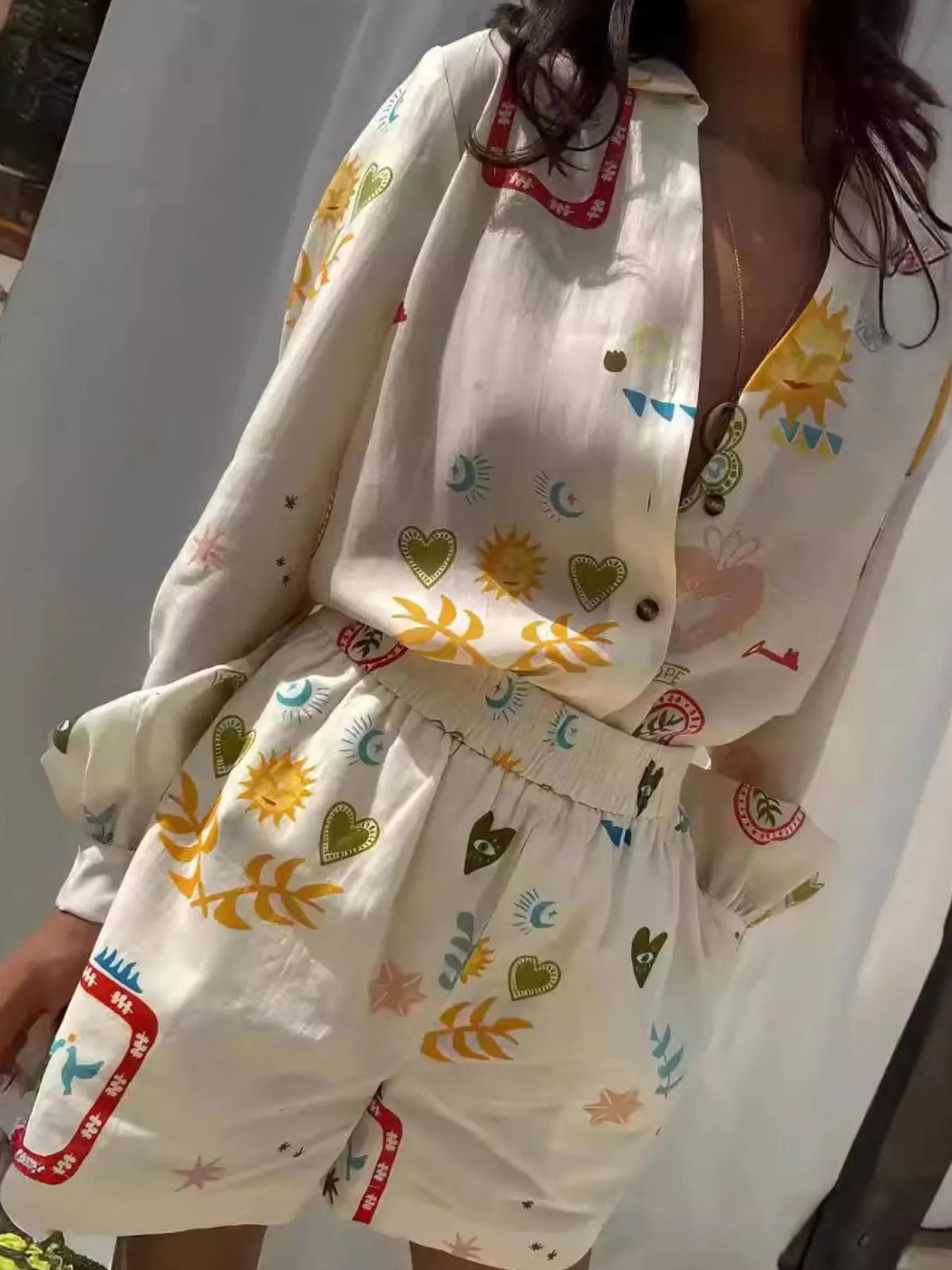 Printed Long Sleeve Shirt and Shorts Set