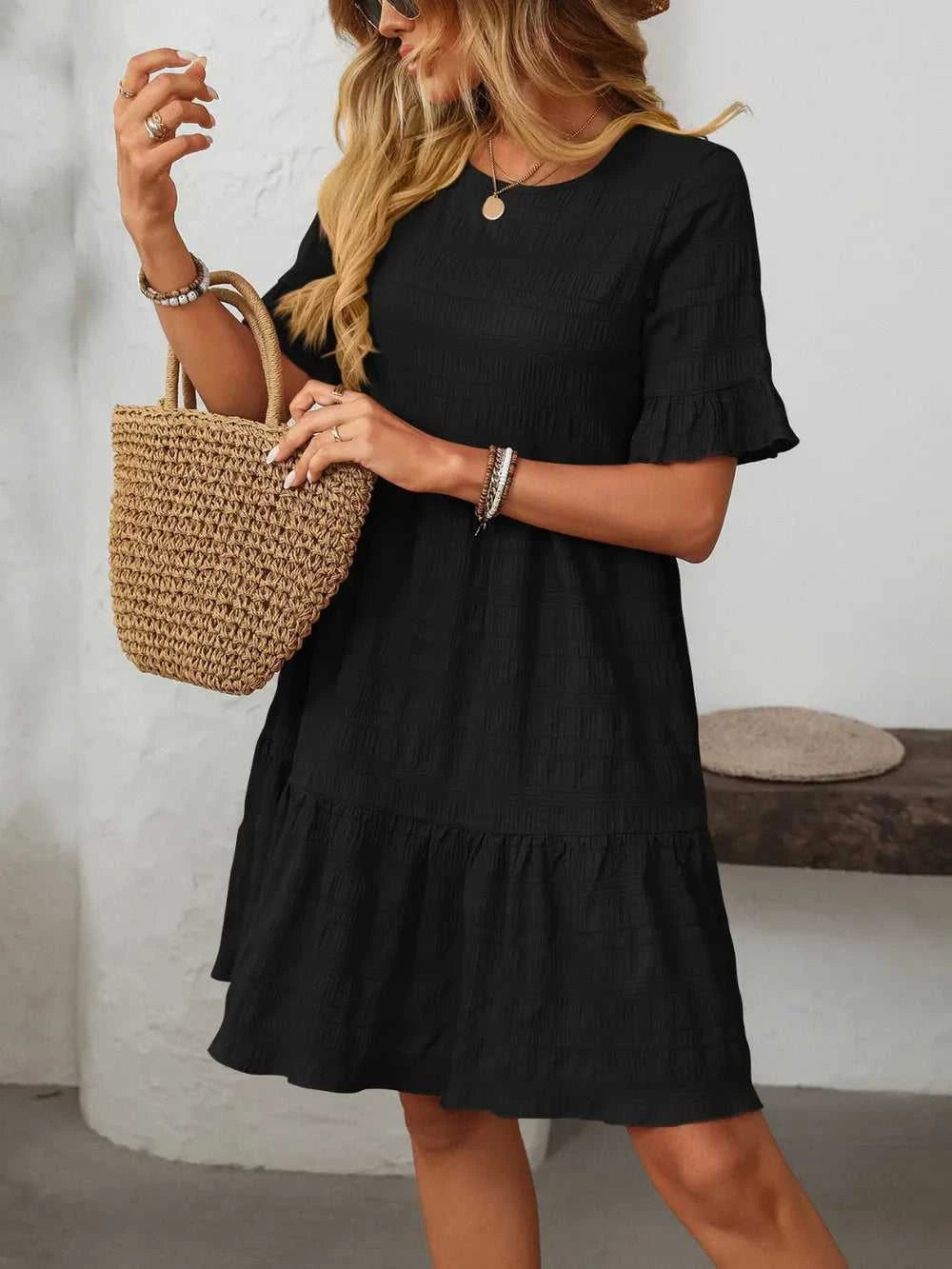 Mandy Ruffled Ruched Round Neck Half Sleeve Dress 100100796041903 25 Affordable Fashion Under $100 Jerry's Apparel 