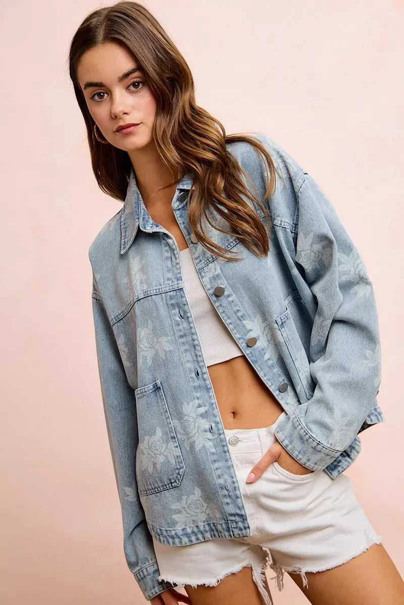 BiBi Printed Washed Denim Jacket With Pocket 100100427641338 64 Affordable Fashion Under $100 Jerry's Apparel 