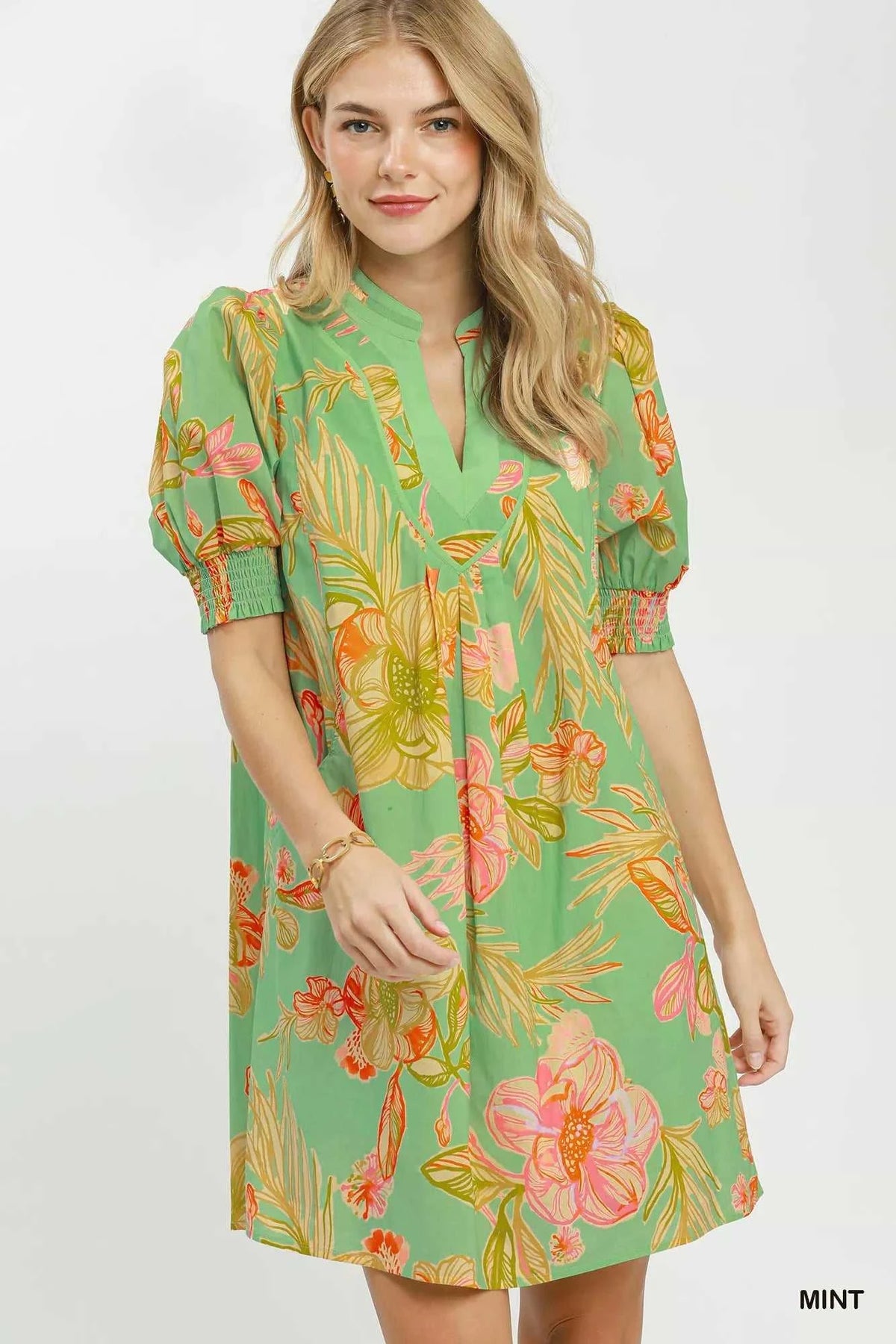 Umgee Botanical Print Dress with Smocked Cuffs 100100413401039 64 Affordable Fashion Under $100 Jerry's Apparel 