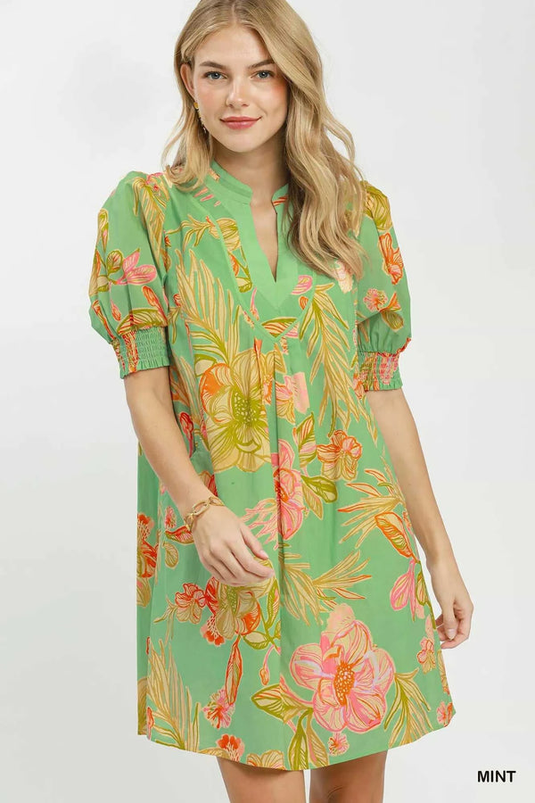 Umgee Botanical Print Dress with Smocked Cuffs 100100413401039 64 Affordable Fashion Under $100 Jerry's Apparel 
