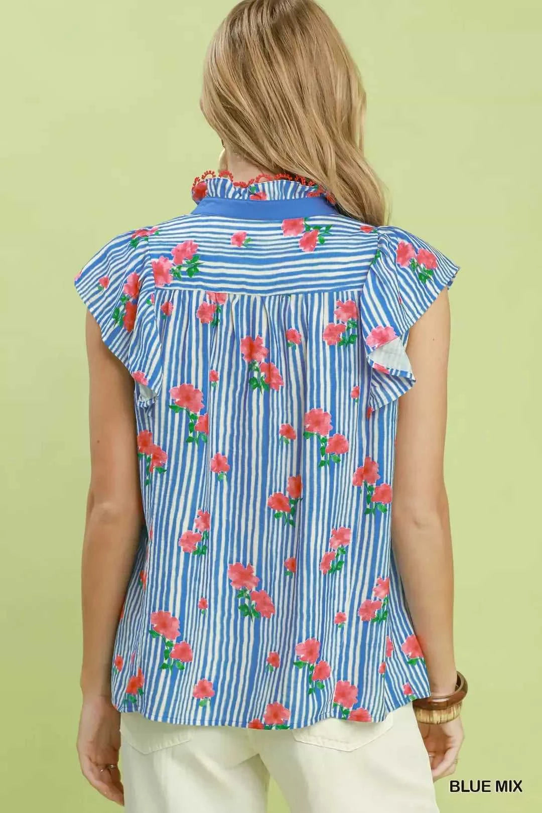 Umgee Striped Floral Ruffle Sleeve Top with Contrast Trim 100100655091894 51 Affordable Fashion Under $100 Jerry's Apparel 