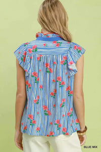 Umgee Striped Floral Ruffle Sleeve Top with Contrast Trim 100100655091894 51 Affordable Fashion Under $100 Jerry's Apparel 