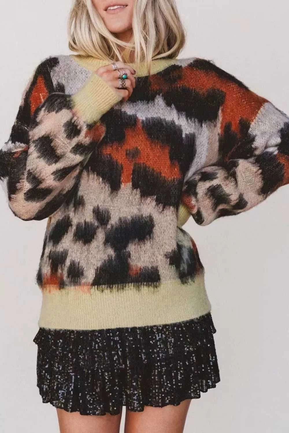 Leopard Print Drop Shoulder Long Sleeve Round Neck Sweater 101002161370865 58 Affordable Fashion Under $100 Jerry's Apparel 