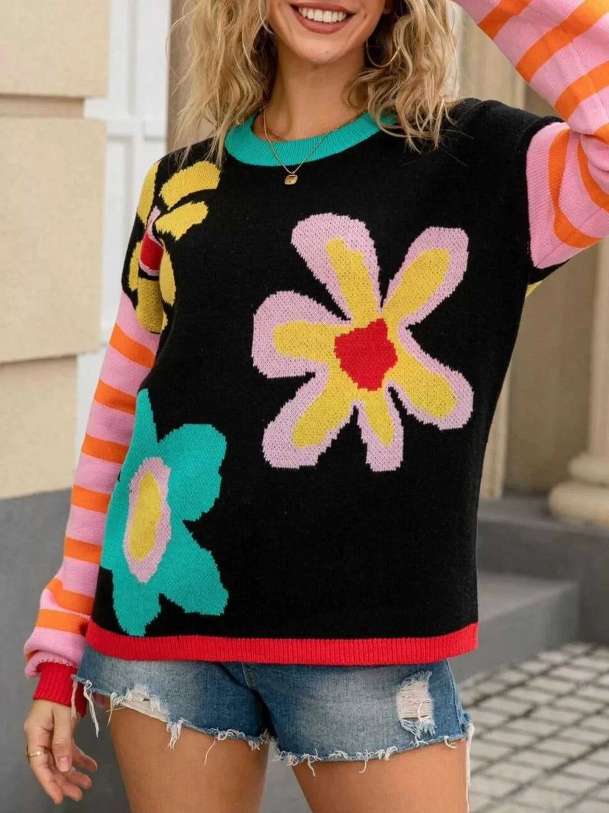 Floral Striped Crew Neck Sweater 100100282505269 51 Affordable Fashion Under $100 Jerry's Apparel 