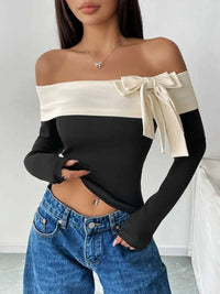 Perfee Bow Contrast Off-Shoulder Long Sleeve Top 100100486221672 31 Affordable Fashion Under $100 Jerry's Apparel 
