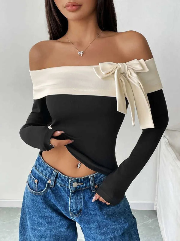 Perfee Bow Contrast Off-Shoulder Long Sleeve Top 100100486221672 31 Affordable Fashion Under $100 Jerry's Apparel 