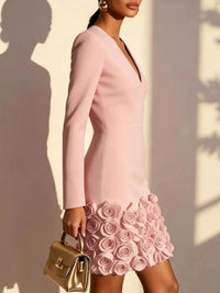 V-Neck Long Sleeve Mini Dress with 3D Rose Floral Hem 101001375780495 54 Affordable Fashion Under $100 Jerry's Apparel 