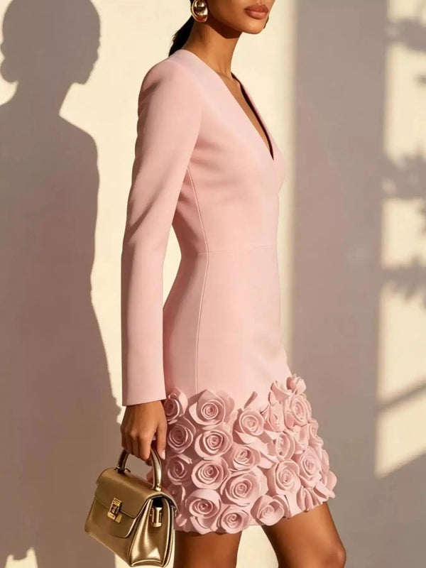 V-Neck Long Sleeve Mini Dress with 3D Rose Floral Hem 101001375780495 54 Affordable Fashion Under $100 Jerry's Apparel 