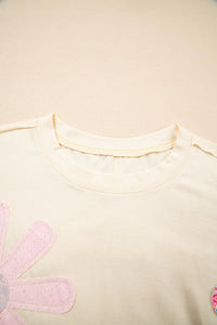 Flower Patched Exposed Stitching Trim Crew Neck Loose Tee