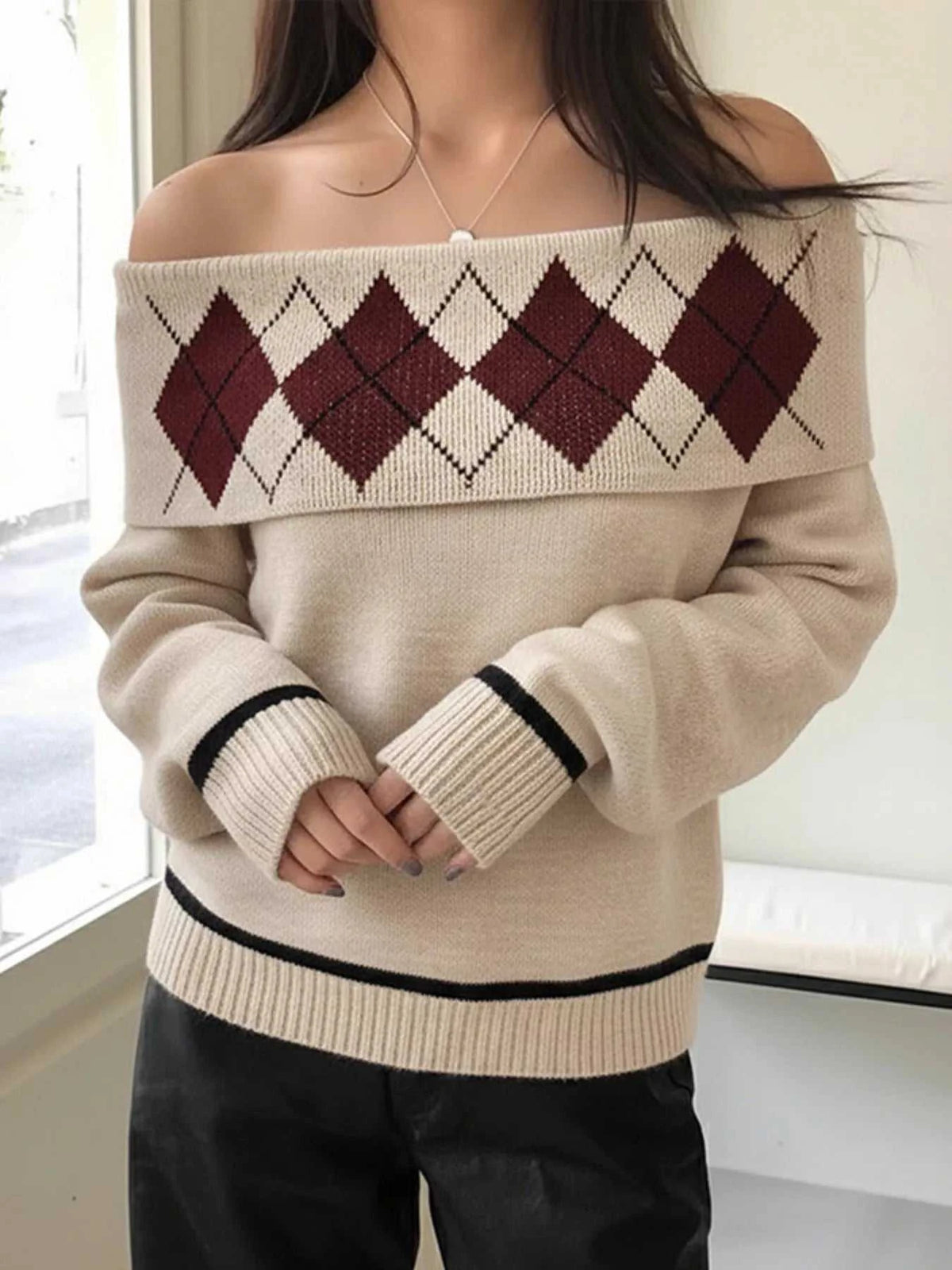 Off-Shoulder Argyle Pattern Sweater 100100066394324 44 Affordable Fashion Under $100 Jerry's Apparel 