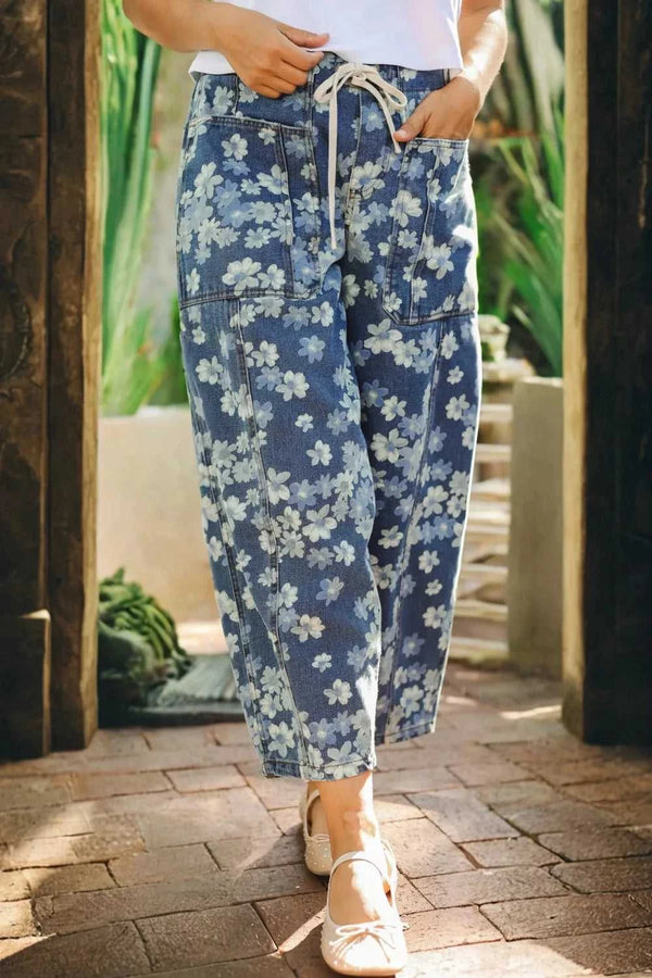 Dainty Floral Printed Drawstring Barrel Jeans 100100981455299 66 Seasonal Fashion Collections Jerry's Apparel 