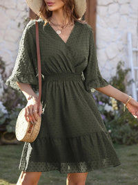 Swiss Dot Flare Sleeve Wrap Mini Dress