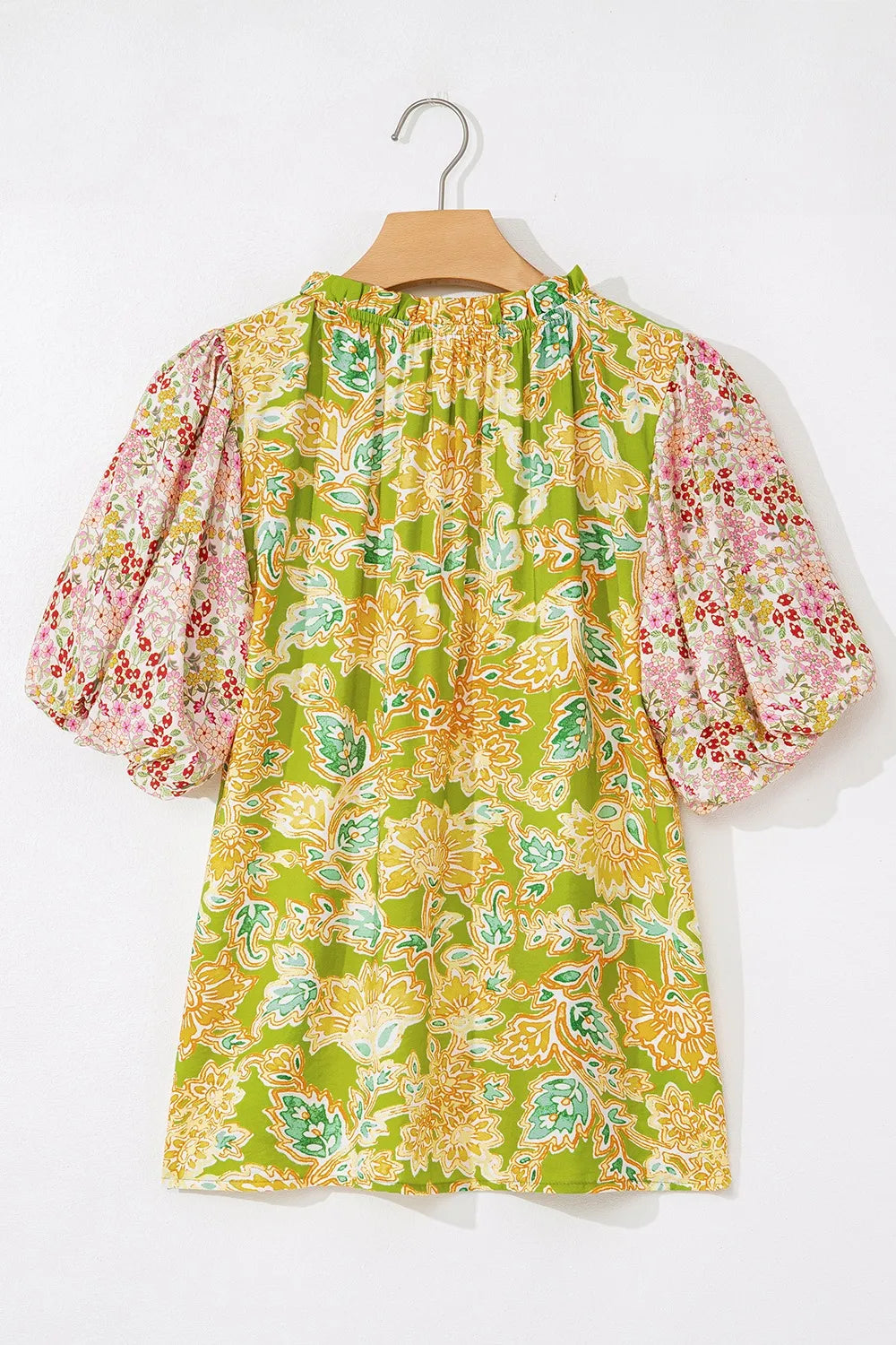 Multicolour Printed Contrast Bubble Sleeve Patchwork Blouse