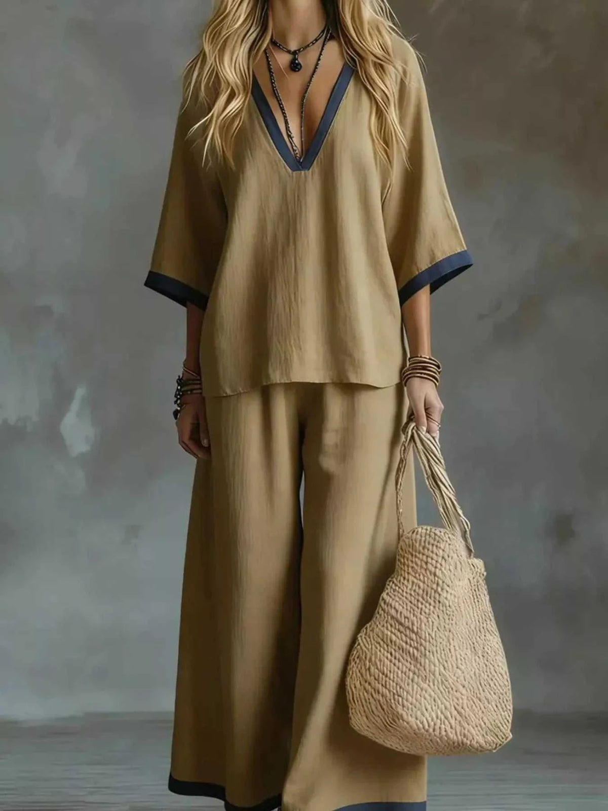 Full Size Contrast Trim V-Neck Top and Pants Set Plus Size 101001935032552 40 Affordable Fashion Under $100 Jerry's Apparel 