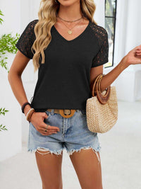 Lace Sleeve V-Neck Waffle Knit T-Shirt 100100150990299 25 Affordable Fashion Under $100 Jerry's Apparel 