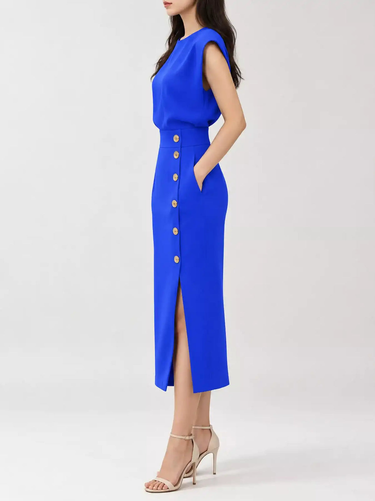 Sleeveless Midi Dress with Gold Button Detail and Side Slit 101001590890082 42 Affordable Fashion Under $100 Jerry's Apparel 