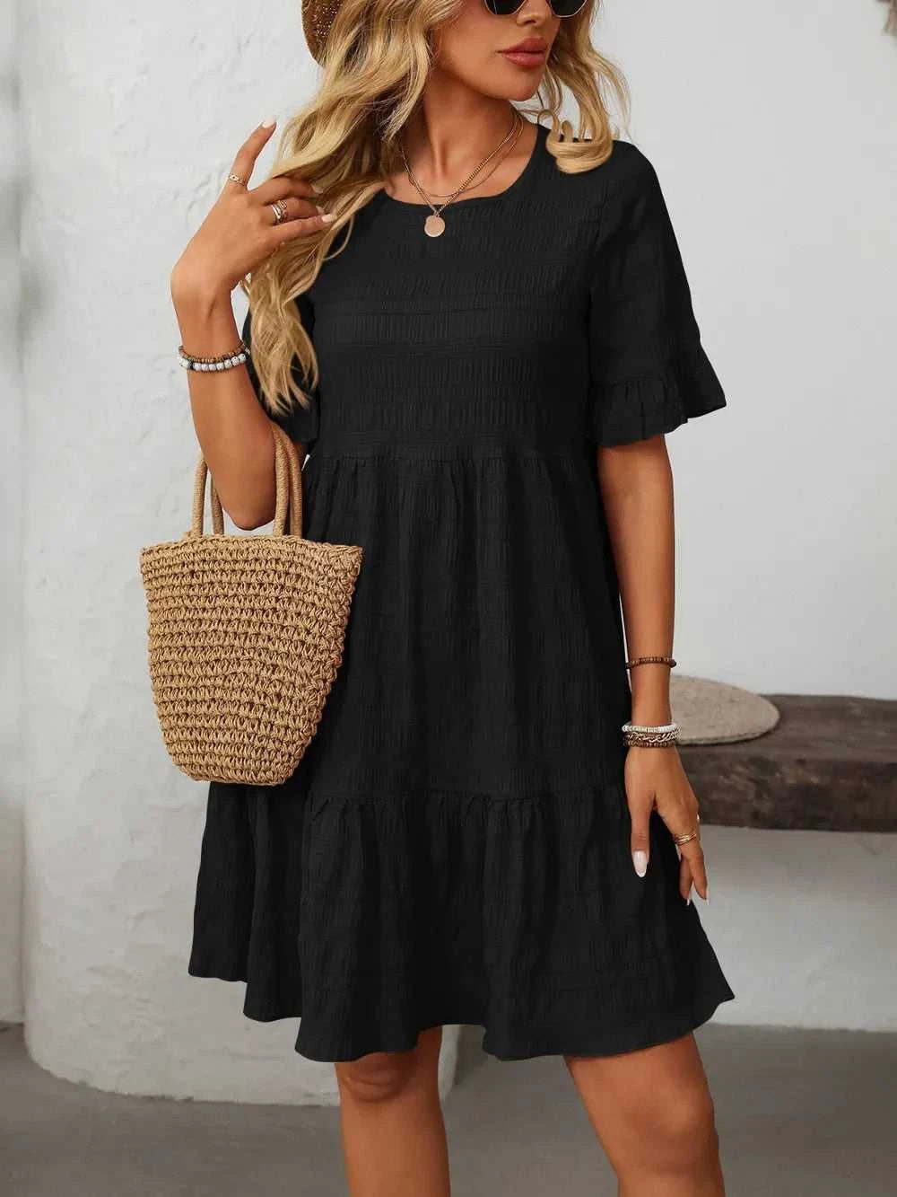 Mandy Ruffled Ruched Round Neck Half Sleeve Dress 100100796041903 25 Affordable Fashion Under $100 Jerry's Apparel 