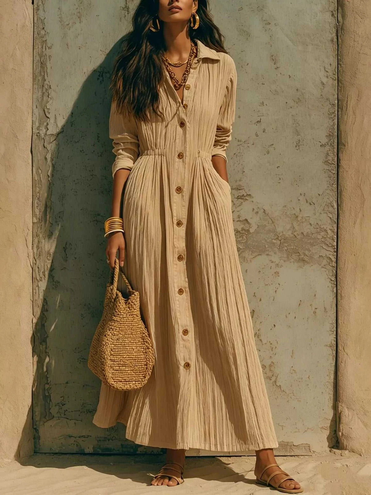 Full Size Textured Button Front Long Sleeve Maxi Dress Plus Size 100100300066352 41 Affordable Fashion Under $100 Jerry's Apparel 