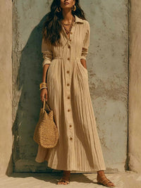 Full Size Textured Button Front Long Sleeve Maxi Dress Plus Size 100100300066352 41 Affordable Fashion Under $100 Jerry's Apparel 