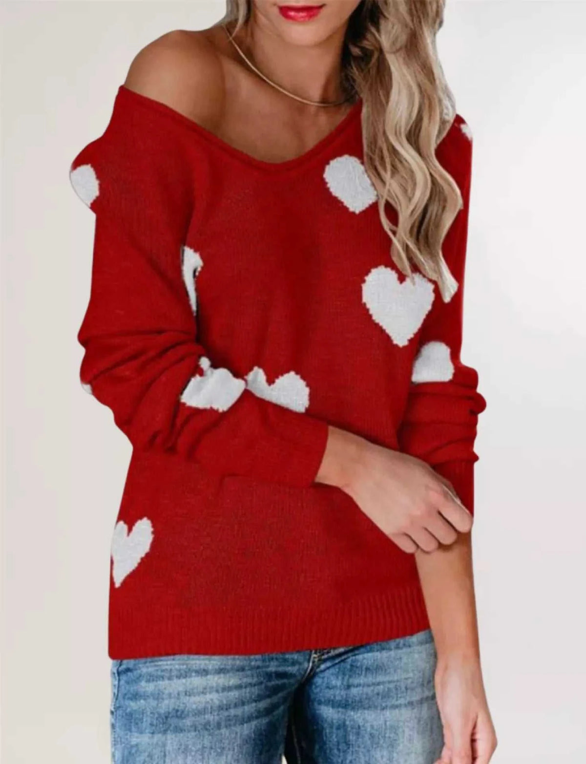 Heart Pattern V-Neck Sweater 100100504780005 48 Affordable Fashion Under $100 Jerry's Apparel 