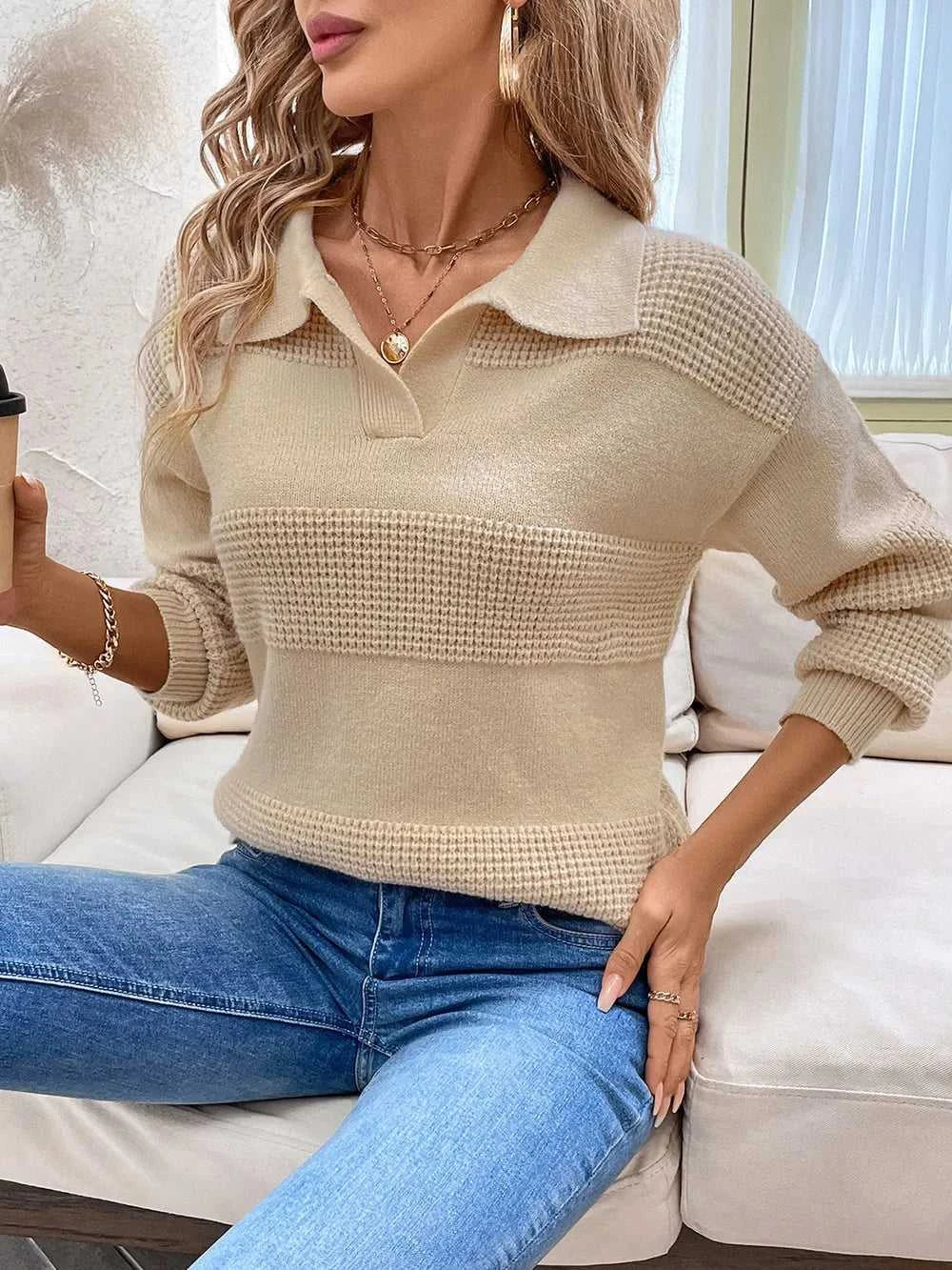 Perfee Johnny Collar Dropped Shoulder Sweater 100100639711766 42 Women's Sweaters and Knitwear Jerry's Apparel 