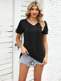 Ruffle Sleeve Keyhole Tie Neck T-Shirt