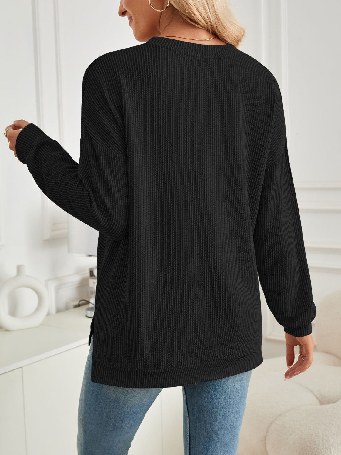 Slit Round Neck Long Sleeve Sweatshirt