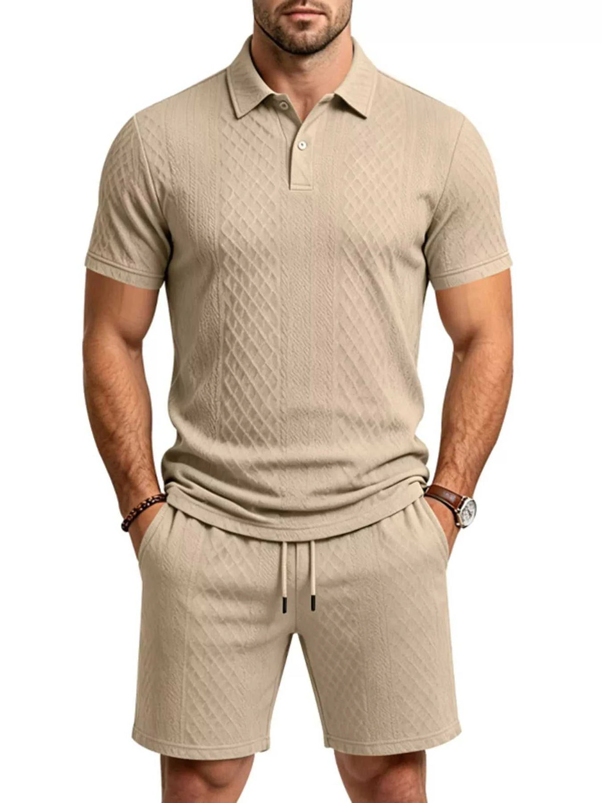Men's Full Size Textured Short Sleeve Polo and Shorts Set Plus Size 100400456225326 35 Men's Sets Jerry's Apparel 