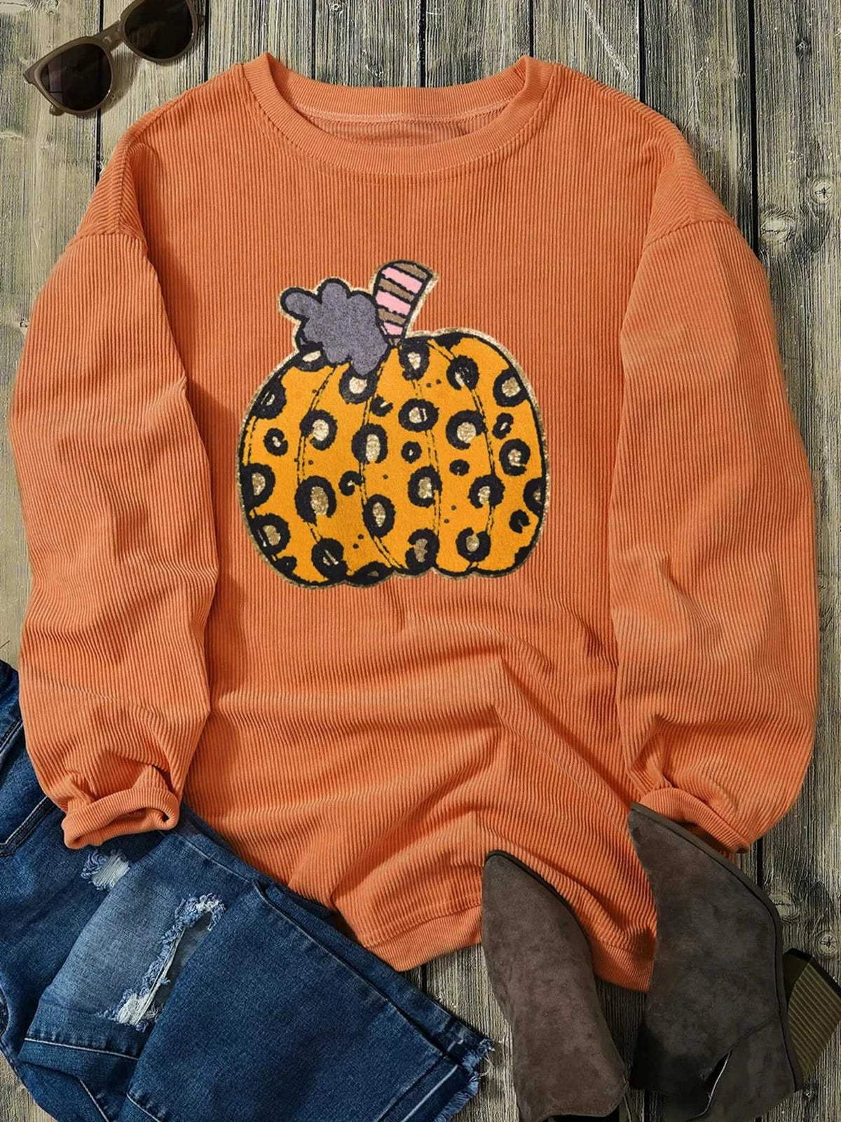 Halloween Leopard Pumpkin Patchwork Ribbed Sweatshirt 101001373546441 40 Affordable Fashion Under $100 Jerry's Apparel 